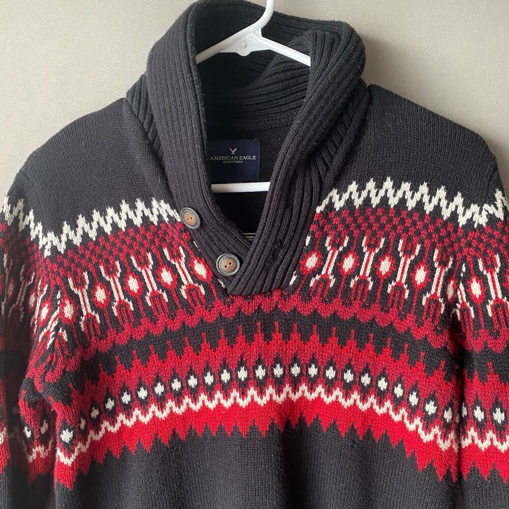 American Eagle Wool Rugged Outdoors Fisherman Fair Isle Shawl Sweater XS Black - Picture 2 of 10